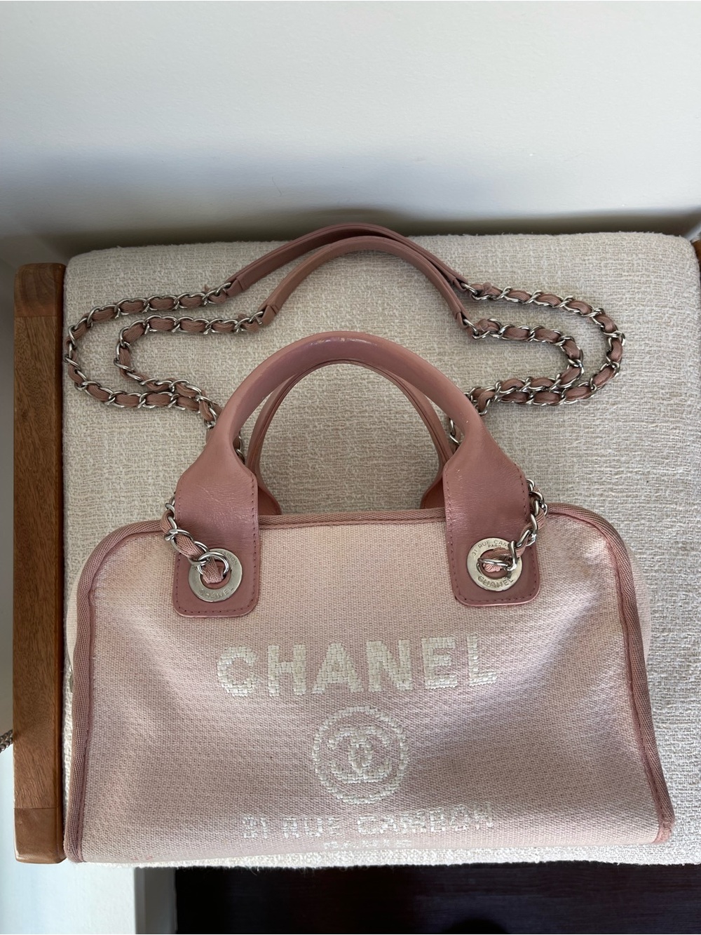 CHANEL Deauville bowling Pink Canvas and Leather Chain-Handle Shoulder Bag